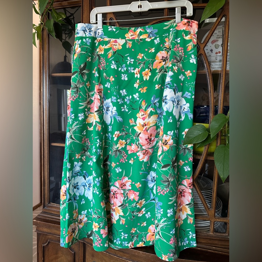 LOFT Vibrant Green Floral Midi Skirt